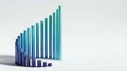 Obraz premium Modern 3D bar chart with gradient blue to green columns showing upward growth trend on white background for business presentations and financial reports.