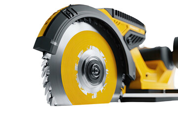 Close-up of a power saw with a yellow blade