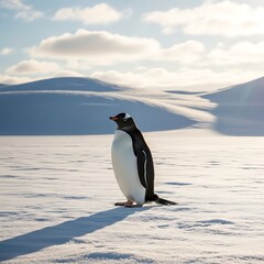 Obraz premium Solitary penguin stands prominently on a vast, snow-covered polar landscape under a bright sky