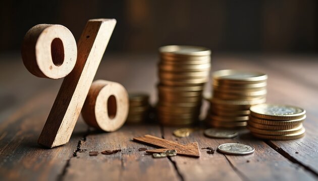 Wooden percent sign with stacks of coins and downward arrow. Symbolizes financial economy, investment rates, and market changes. Represents economic shifts and monetary value.