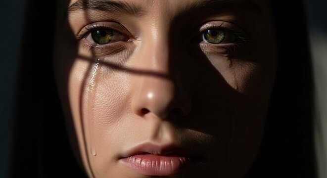 Close-up portrait of a distressed young woman with tears streaming down her face, illuminated by dramatic shadows, reflecting deep emotional pain and vulnerability
