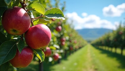 Obraz premium Red apples grow on branch in orchard with rows of trees under blue sky. Sunny day on farm with green grass and distant hills. Ripe fruit ready for picking.