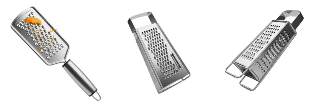 Set of professional stainless steel kitchen graters and cheese zesters isolated on white transparent png background