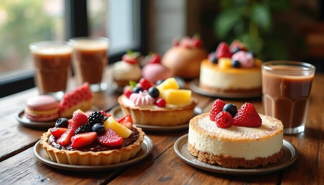 Assortment of gourmet desserts like tarts, cheesecakes, cupcakes arranged on rustic wooden table. Drinks in glasses accompany sweet treats, offering delightful cafe bakery setting. Sweets perfect for