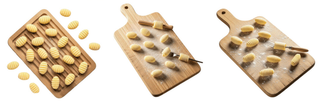 Set of fresh homemade potato gnocchi pasta on wooden cutting boards isolated on white transparent png background