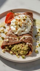 Delicious chocolate crepe filled with creamy avocado, topped with whipped cream, nuts, and fresh strawberries, showcasing a gourmet dessert experience