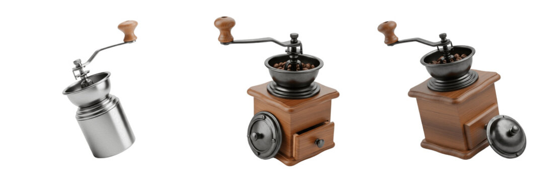 Set and collection of vintage manual coffee grinders and wooden hand-crank burr mills with roasted beans isolated on white transparent PNG background
