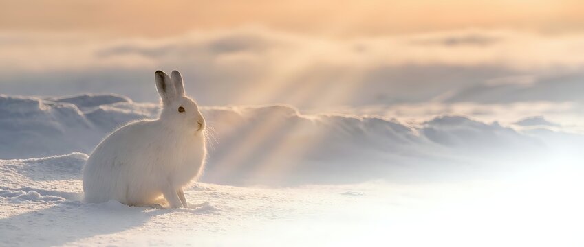 White arctic hare sitting in snow during golden hour sunrise with mountain backdrop. Winter wildlife photography showcasing cold climate adaptation and survival.