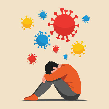 Sadness and Fear of Coronavirus. A person sits hunched over, overwhelmed by virus symbols.
