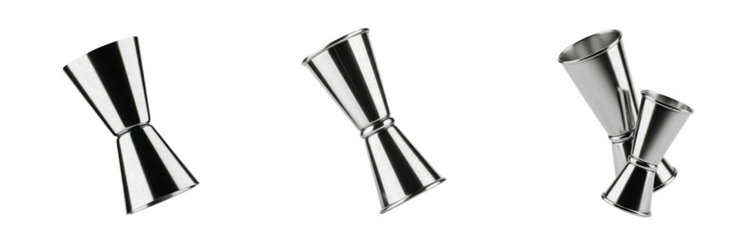 Set and collection of professional stainless steel dual cocktail jiggers and double-ended measuring cups isolated on white transparent PNG background
