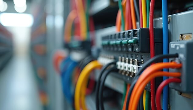 Close view of electrical panel with colored wires connected to breakers and terminals. Power distribution system inside building. Modern tech infrastructure and safety.