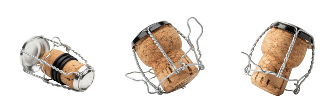 Set and collection of champagne corks with wire cages muselets from sparkling wine bottles isolated on white transparent PNG background