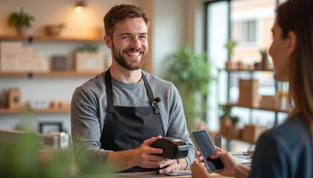 Smiling shopkeeper wears apron, takes contactless phone payment from customer using card reader. Person taps phone for purchase. Modern retail transaction happens indoors.