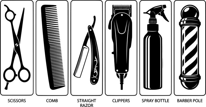 Flat design barbershop tool icon set showing scissors comb straight razor clippers spray bottle and barber pole in collection row