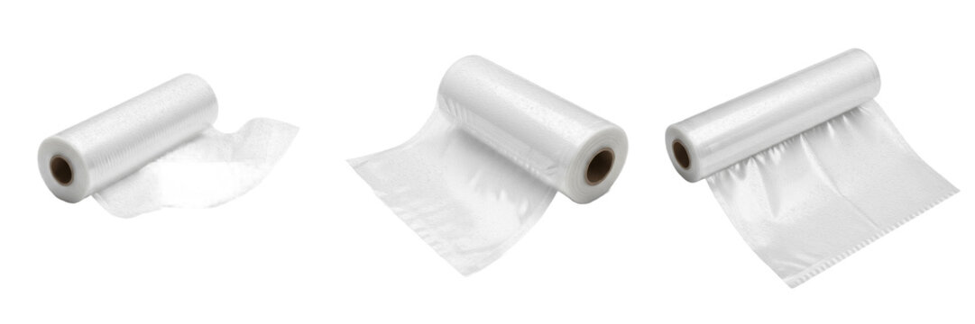 Set and collection of transparent plastic food wrap roll and kitchen cling film for food preservation isolated on white transparent png background