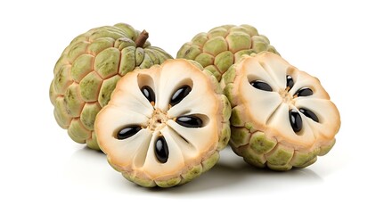 Three custard apples, cut open to reveal seeds and pulp, on a pristine white background from a frontal viewpoint