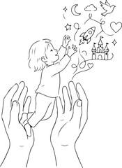 Little Girl Writing in Dream Journal Minimalist Line Art Illustration, Childhood Imagination and Creativity Concept with Rocket and Castle Icons