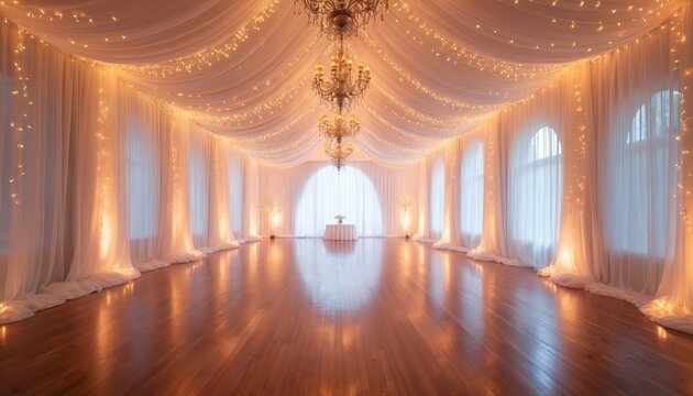 Elegant ballroom interior with draped sheer fabric ceiling and walls, illuminated by chandeliers and fairy lights. Empty room with polished wooden floor and arched windows awaits event setup.