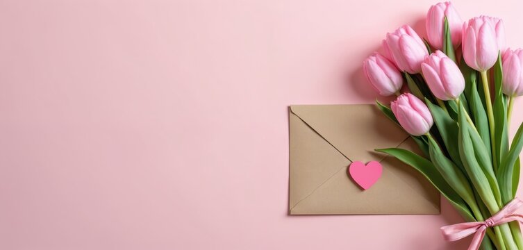 Pink tulips rest beside a brown envelope with a pink heart sticker. A satin ribbon ties the flower stems together. Perfect for spring holidays, love notes, and Mother Day greetings.