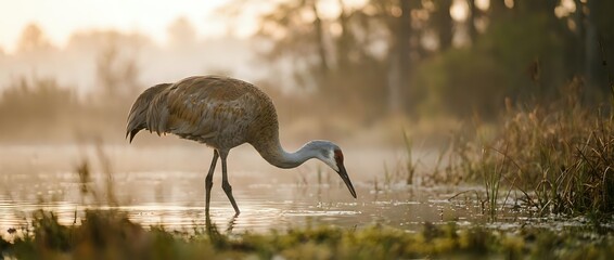Naklejka premium Sandhill crane wading in shallow wetland water during golden hour sunrise, feeding in natural marsh habitat with soft bokeh background.