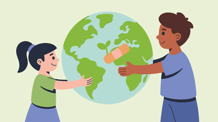 Children hugging planet Earth with bandaid and sprout