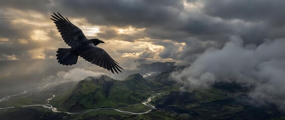 Naklejka premium Majestic black raven soaring over dramatic mountain landscape with stormy clouds and golden sunlight breaking through moody sky creating powerful nature scene.