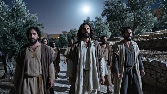 Jesus and Disciples Walking to the Mount of Olives at Night