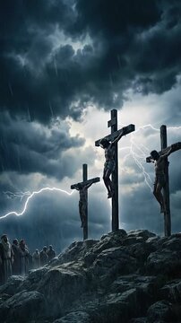 Vertical video-Jesus Crucified at Golgotha with Two Revolutionaries During Storm