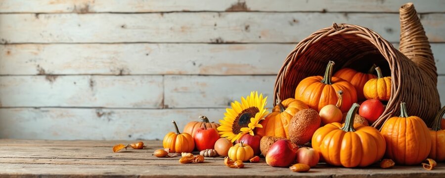 Cornucopia overflow with pumpkins gourds apples sunflower on rustic wood. Autumn harvest bounty, fall season celebration, thanksgiving dinner table decor. Food, nature background. Thanksgiving