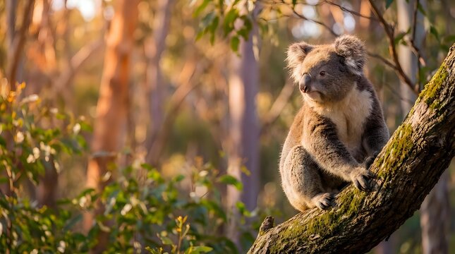 Adorable koala sitting on eucalyptus tree branch in golden sunlight, Australian wildlife marsupial in natural forest habitat during warm sunset hour.
