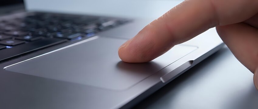 Close-up of finger touching laptop trackpad for navigation and computing tasks in modern workspace environment.