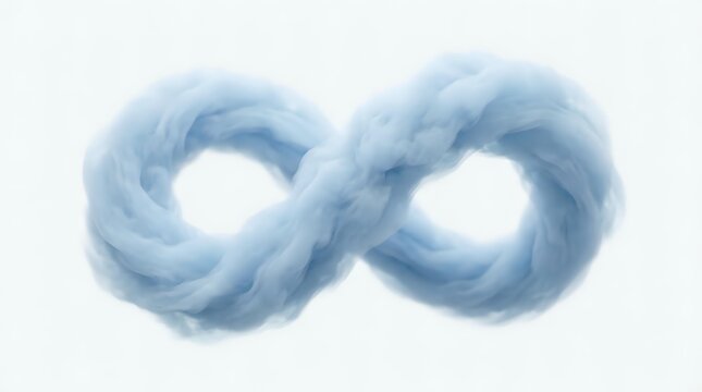 Blue infinity symbol made of soft flowing smoke or cloud texture on white background for spiritual and mathematical concepts.