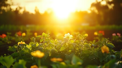Obraz premium Sunlit garden with blooming flowers and fresh green plants during golden hour sunrise creating warm natural bokeh background for organic farming concepts.
