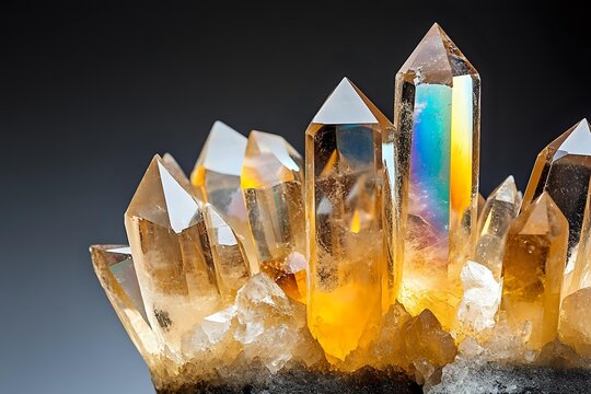 Natural quartz crystal cluster with golden citrine and rainbow prisms on gradient background for healing meditation and spiritual wellness practices.