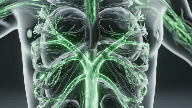 3D medical animation of a transparent human torso highlighting the lymphatic system with glowing green vessels and particles flowing through the complex internal network