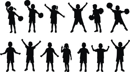 Children, silhouettes, kids, playing, activity, icons, set, including, jumping, dancing, sports, fun, childhood, happiness, movement, playful, people, silhouette, symbol, collection