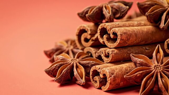 Close Up Cinnamon Sticks and Star Anise Pile on Pink Background