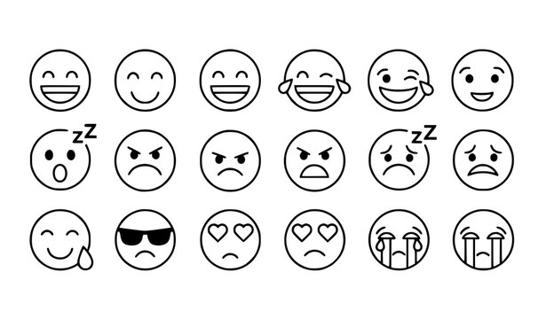 Emoji smile outline icon set with emoticon faces and reaction symbols thin line vector collection
