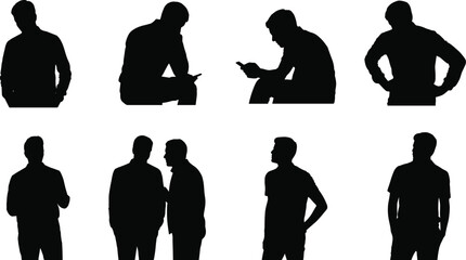 Men, silhouettes, people, standing, sitting, smartphone, talking, casual, lifestyle, person, male, profile, figure, human, character, posture, silhouette, symbol, illustration, collection