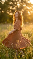 Fototapeta premium Young woman with curly red hair in brown dress dancing in meadow at golden hour sunset with warm bokeh light filtering through trees creating dreamy atmosphere.
