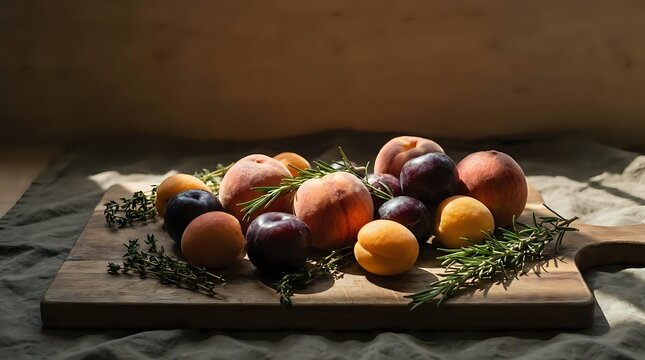 Fresh stone fruits including peaches, plums and apricots arranged on rustic wooden board with herbs for culinary photography and food styling projects.