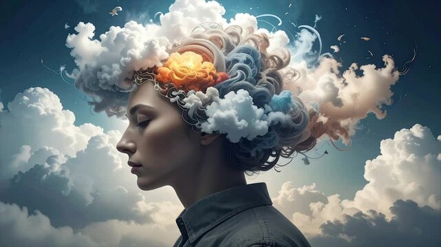 Portrait of a woman with cloud-like thought-forms emanating from her head