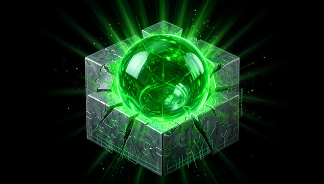Bright Green Explosion Cube Against Black Background