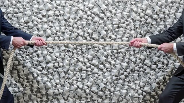 two suited individuals engaged in a tense tug-of-war struggle on a gray background | business, competition, teamwork, leadership, motivation theme