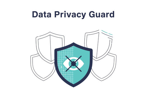 Illustration of shields The central one is teal with an eye crossed by lines The title Data Privacy Guard appears above