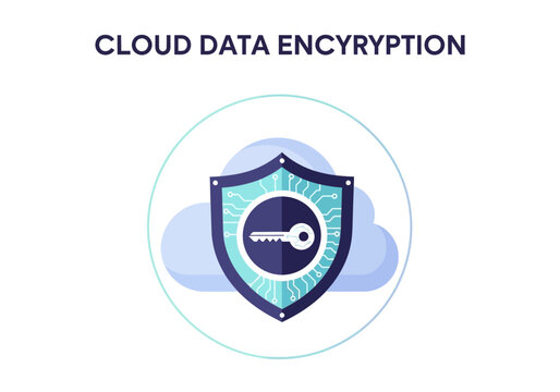 The image displays text CLOUD DATA ENCRYPTION above a shield with a key graphic surrounded by a cloud illustration within a circle