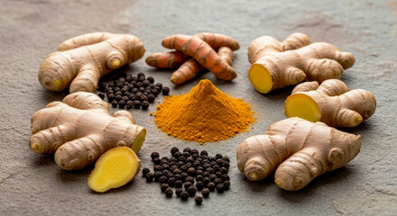Harmonious and balanced mandala of ginger roots turmeric and black peppercorns on a natural grey stone slab