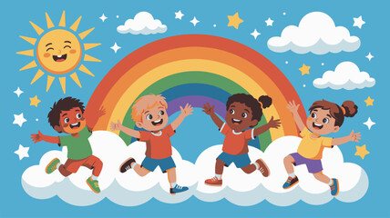 Obraz premium Happy diverse kids jumping clouds