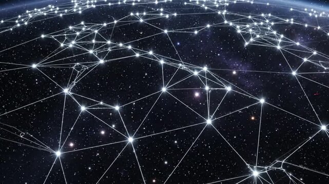 Global Network Connections Illuminated from Space at Night with Interconnected Nodes and Lines