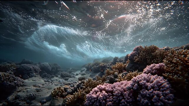 Underwater coral reef ecosystem with a wave breaking above, showcasing marine life and ocean depths